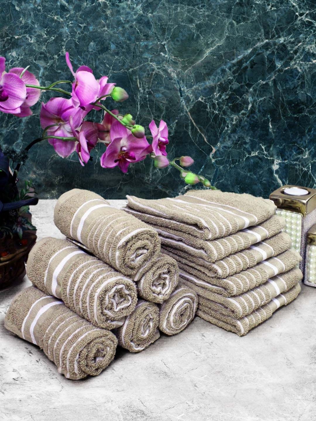 

Aura Brown & White 12 Pieces Striped Pure Cotton Super Absorbent & Quick Dry Hand Towels