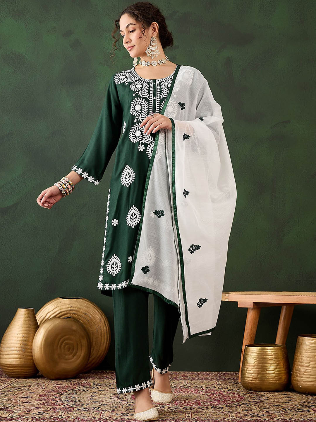 

Maroosh Floral Embroidered Round Neck Thread Work Straight Kurta With Trouser & Dupatta, Green