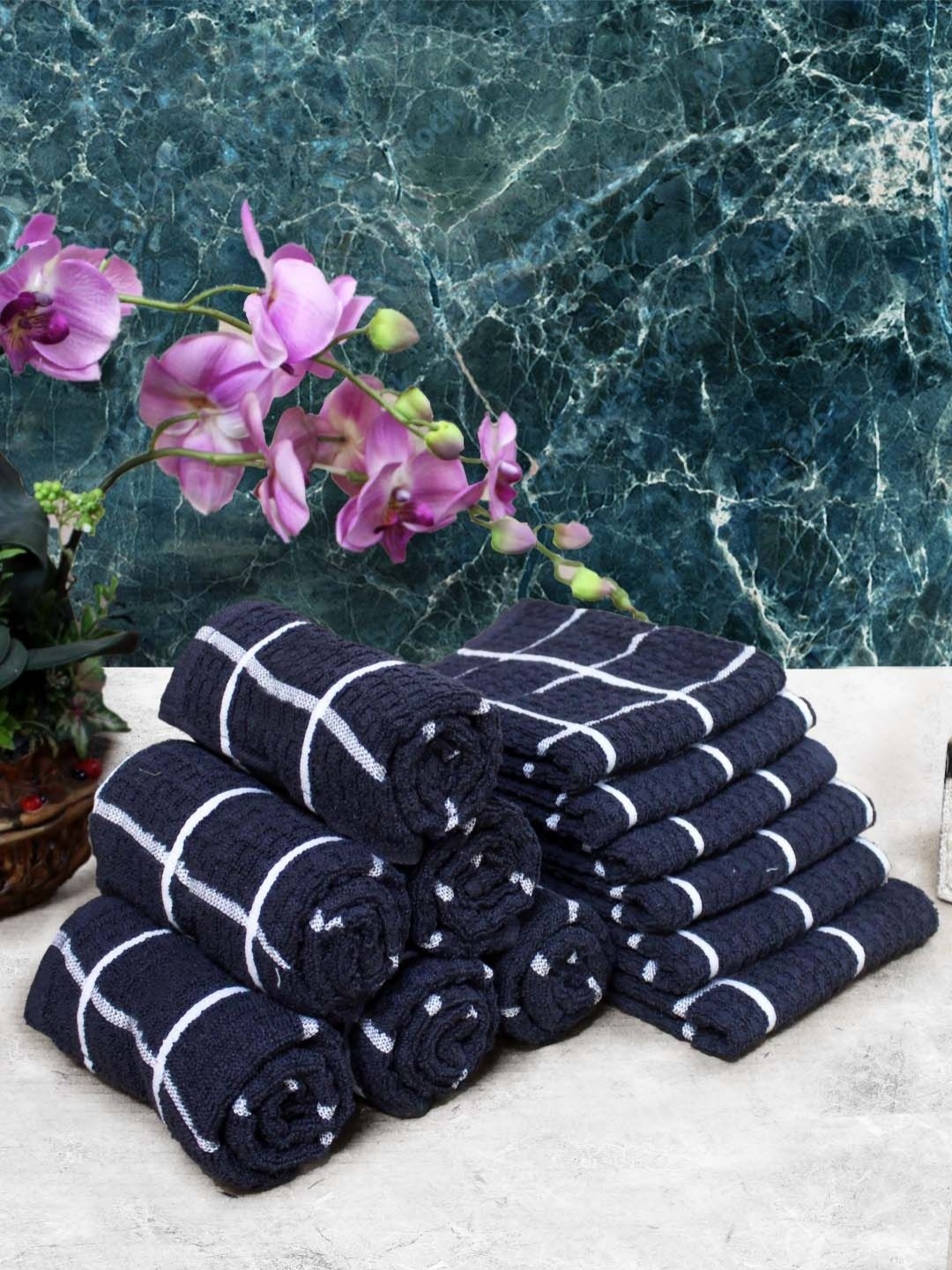 

Aura Navy Blue & White 12 Pieces Checked Pure Cotton Super Absorbent Hand Towels