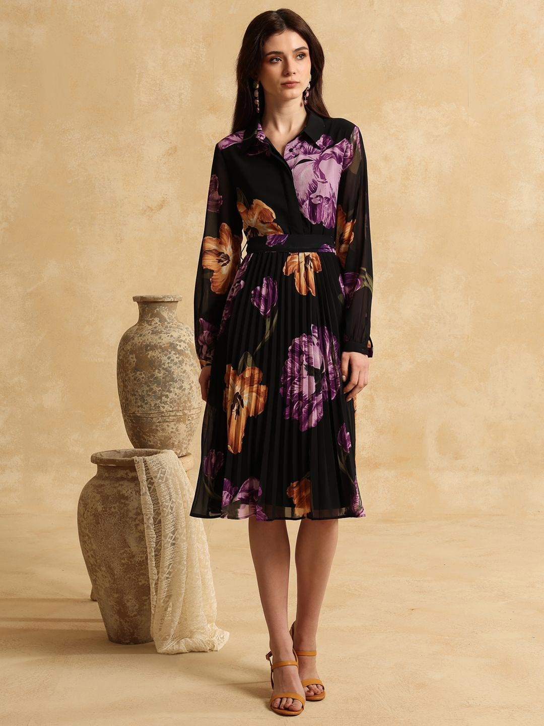 

Kazo Floral Print A-Line Midi Dress, Black