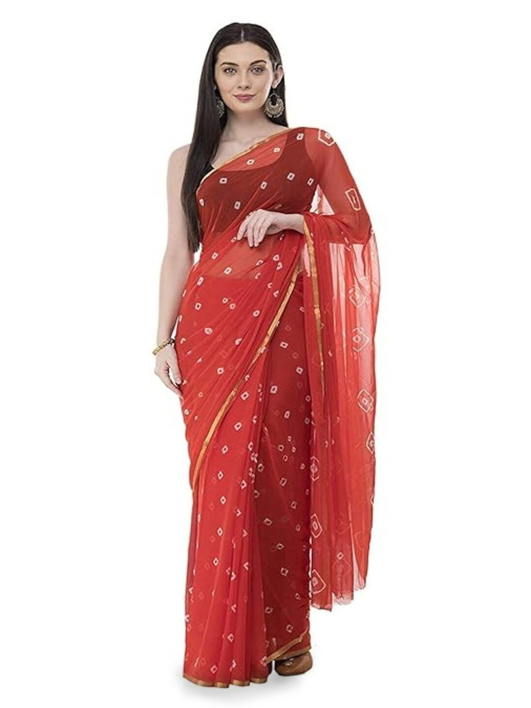 

DURGA EMPORIO Bandhani Pure Chiffon Bandhani Saree, Orange