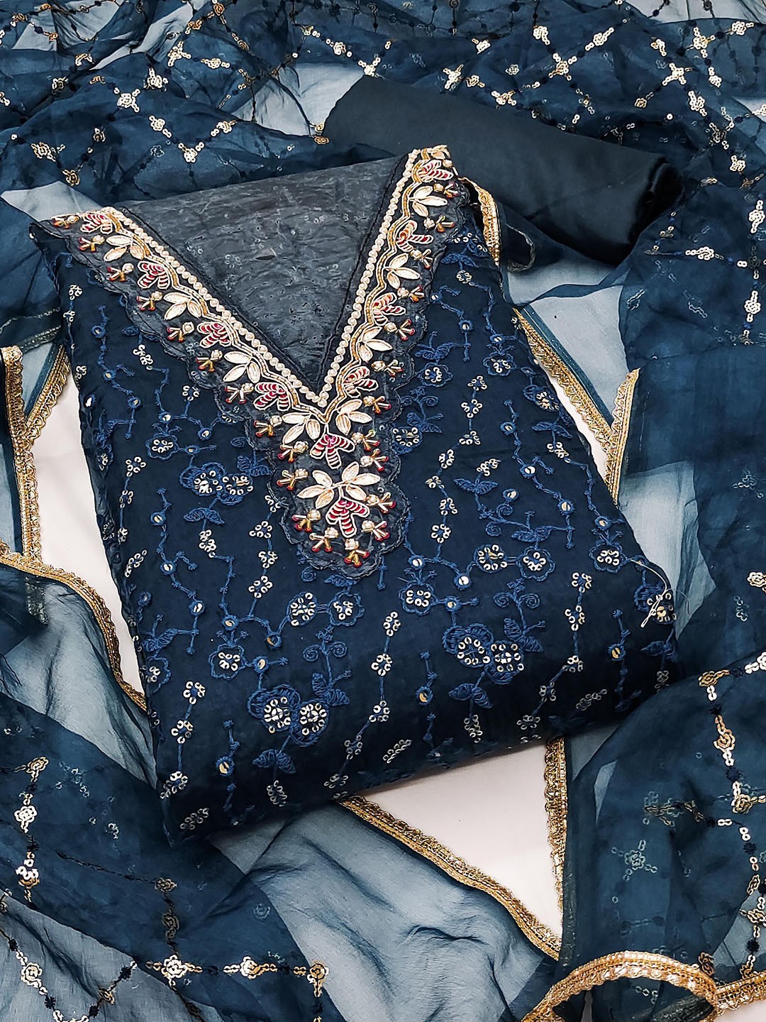 

SAINOOR Floral Embroidered Organza Semi-Stitched Dress Material, Navy blue