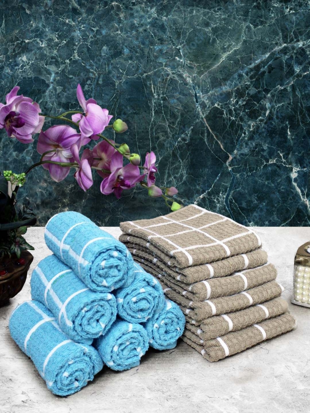 

Aura Beige & White 12 Pieces Checked Pure Cotton Super Absorbent & Quick Dry Hand Towels