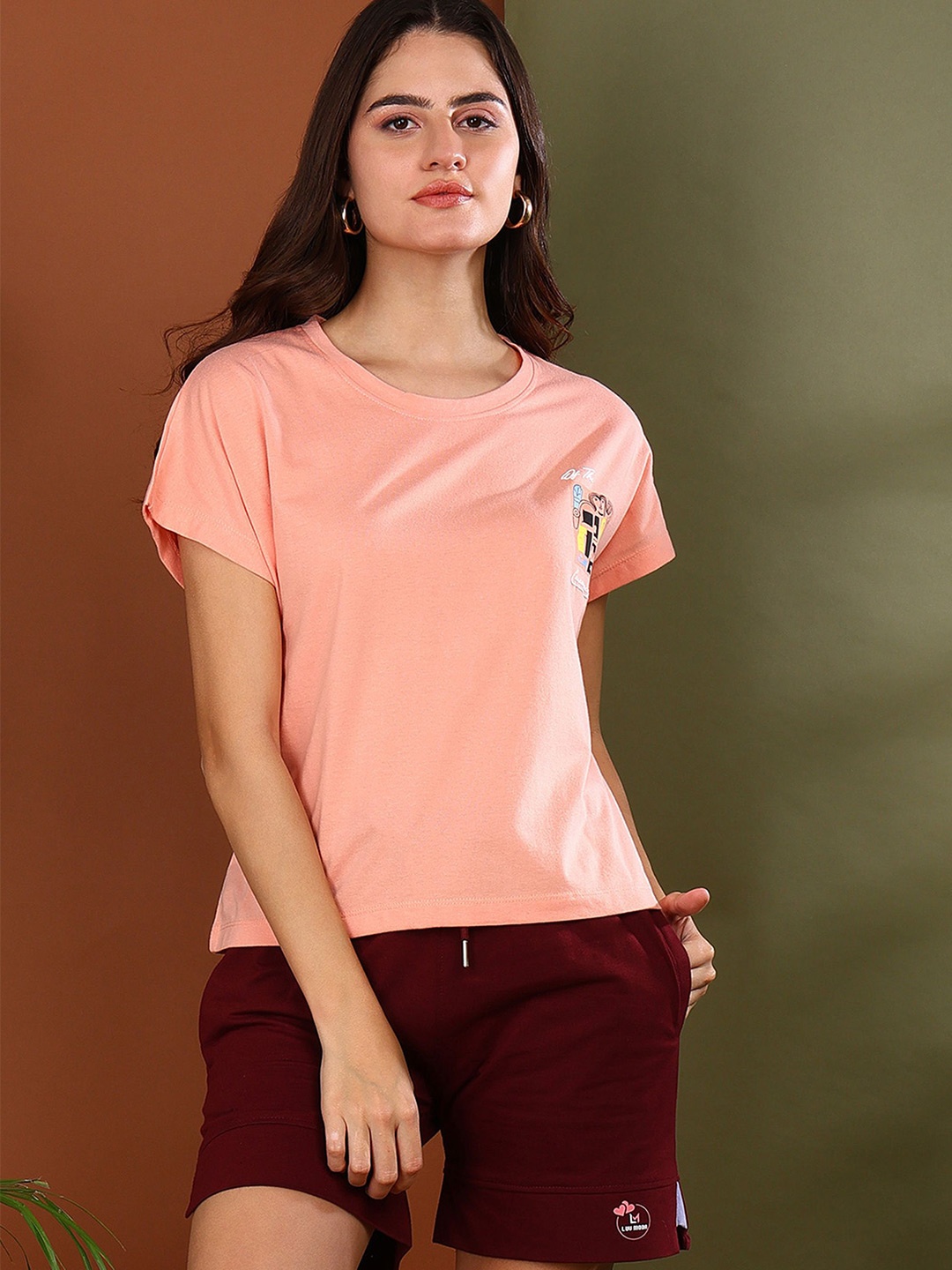 

KALINI Printed T-Shirt & Shorts Co-Ords Set, Peach