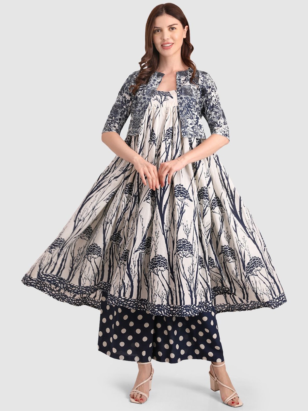

fabbit Women Printed Regular Pure Cotton Kurta with Palazzos, Cream