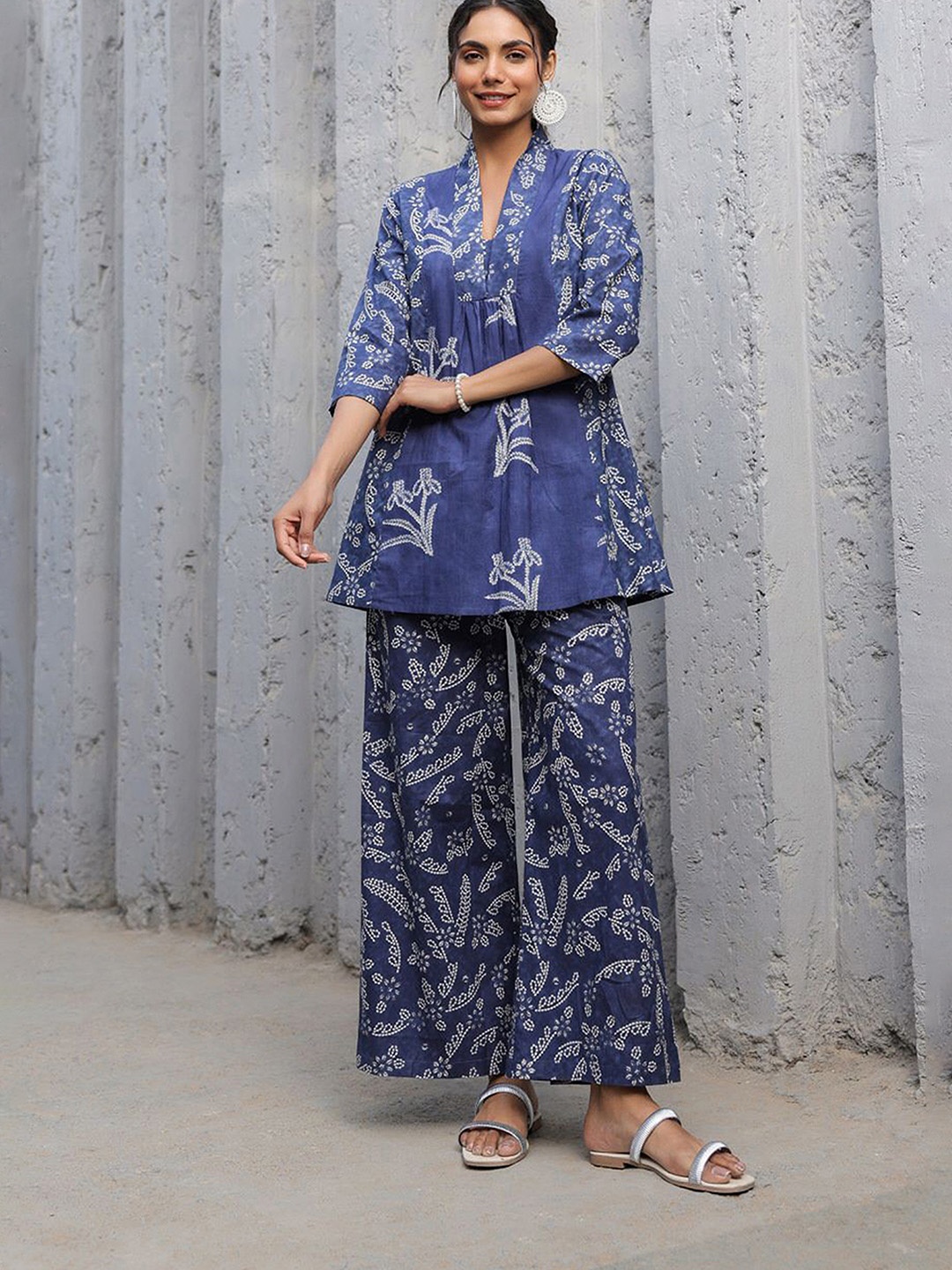 

JISORA Printed Pure Cotton Top & Trouser Co-ord Set, Blue