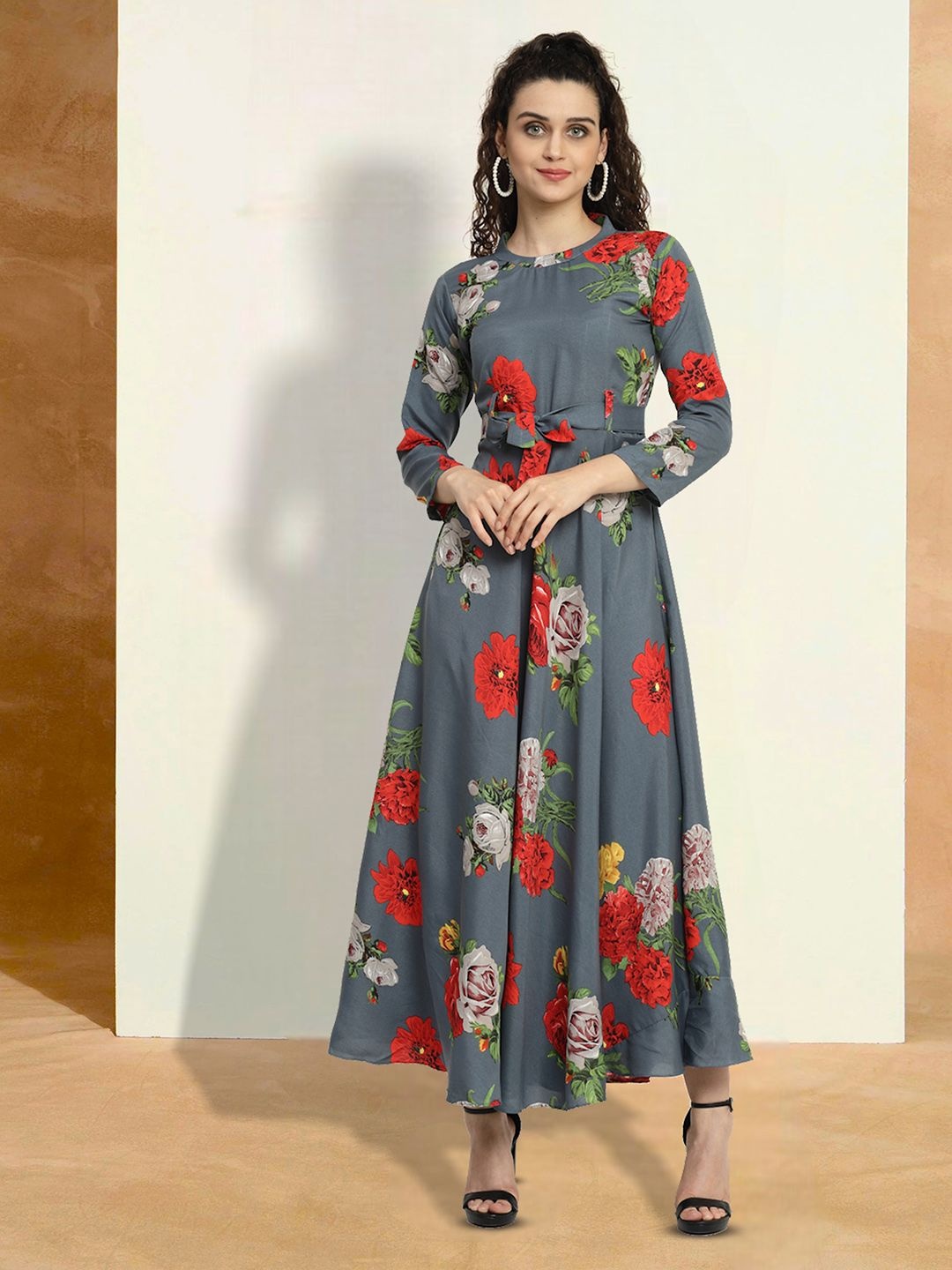 

Moda Rapido Floral Print Applique Fit & Flare Dress, Grey