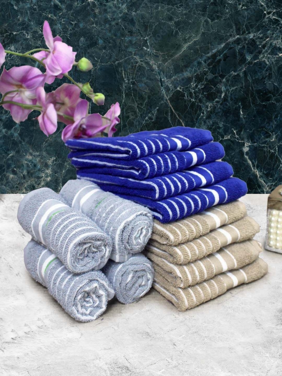 

Aura Blue & Brown 12 Pieces Striped Pure Cotton Super Absorbent & Quick Dry Hand Towels