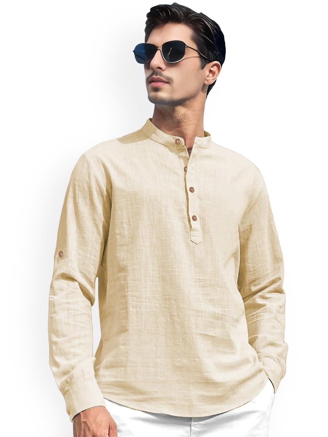

TrendiVastra Mandarin Collar Cotton Short Kurta, Beige