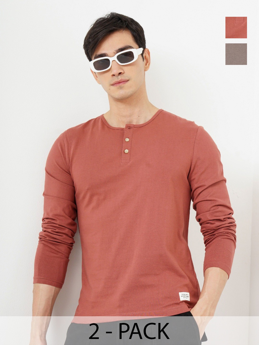 

Genoa Men Pack of 2 Solid Henley Neck Cotton T-shirts, Rust