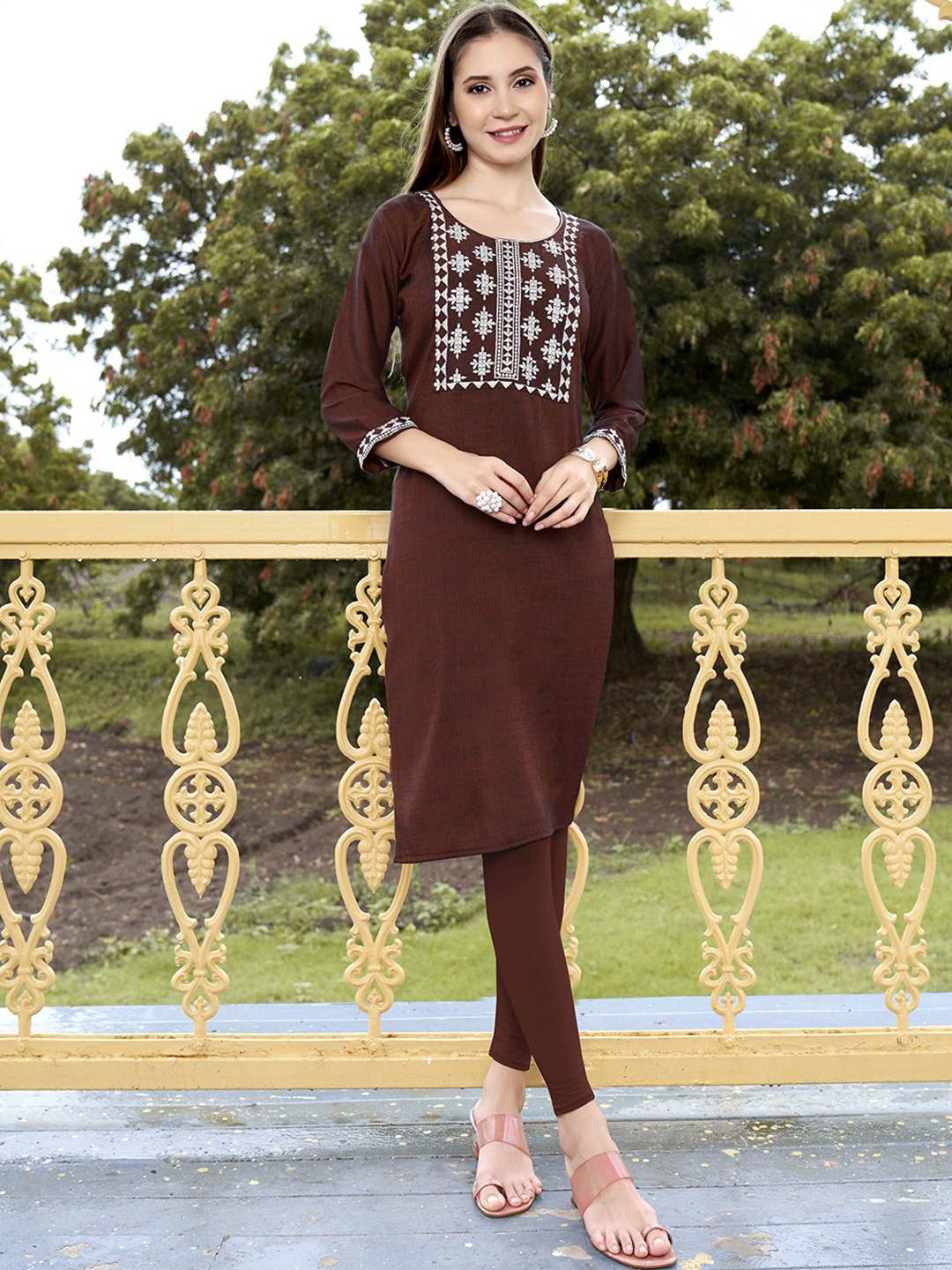 

Anouk Rustic Women Embroidered Straight Kurta, Brown