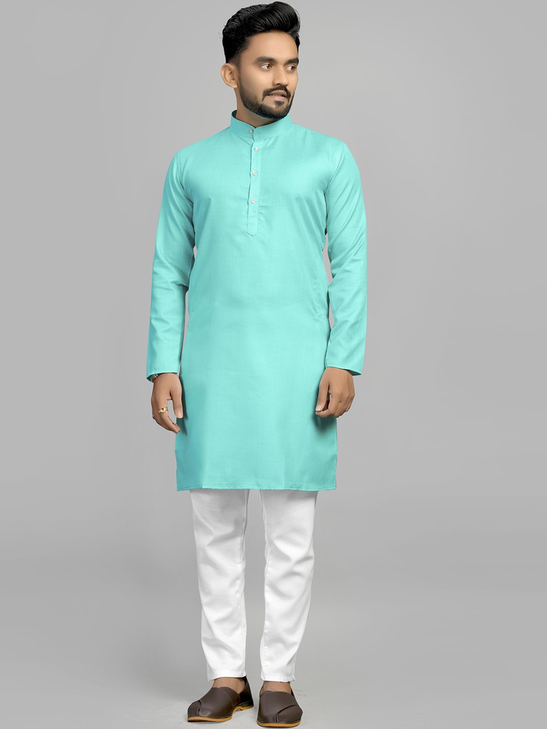 

Fashion FRICKS Band Collar Full Sleeves Straight Kurta, Sea green