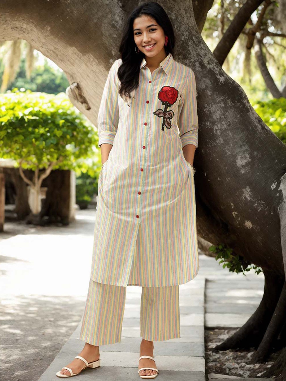 

Anouk Striped Pure Cotton Shirt And Palazzos, Pink