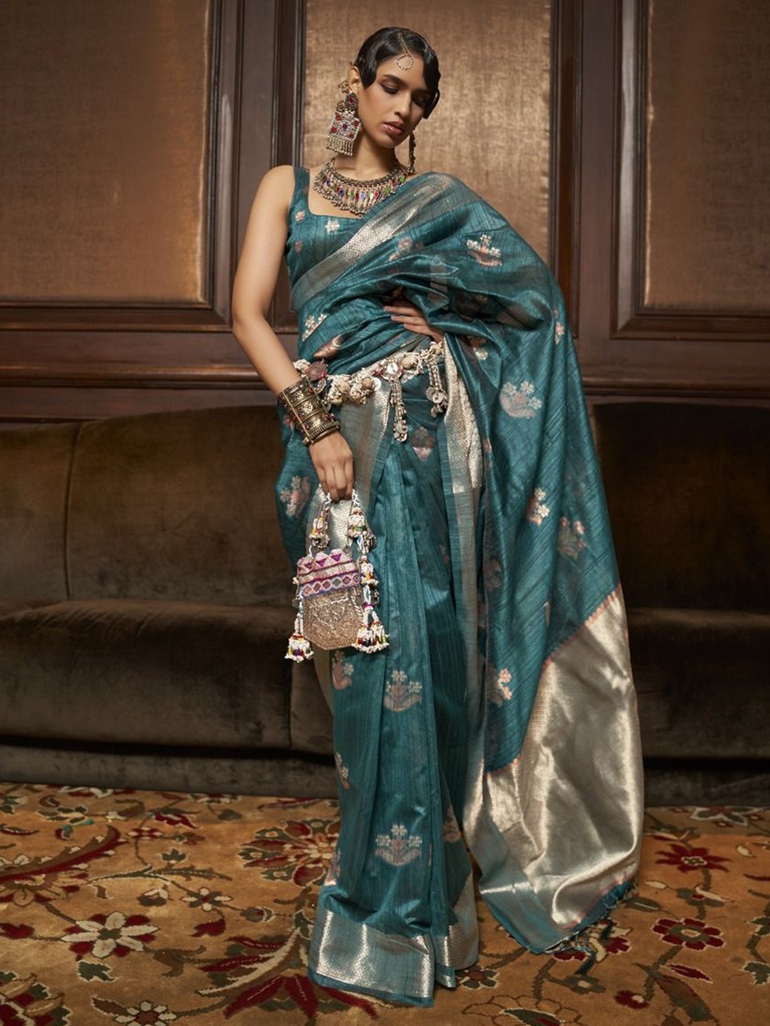 

Anouk Woven Design Zari Silk Blend Saree, Teal