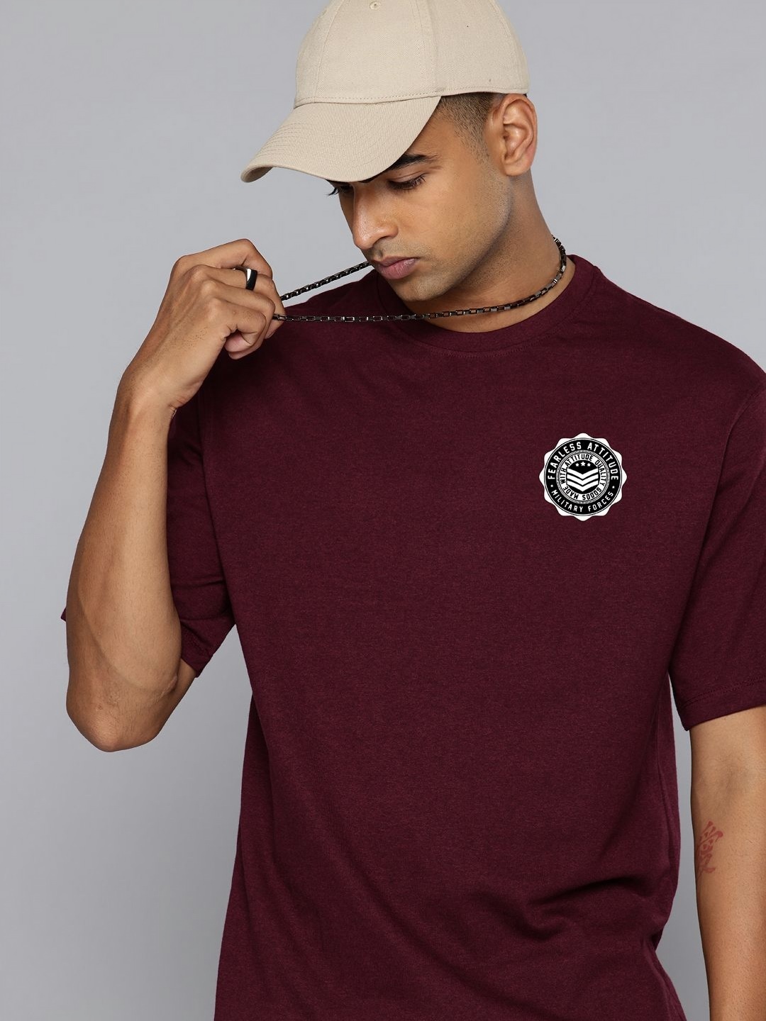 

R.Code by The Roadster Lifestyle Co. Men Solid Cotton Relaxed Fit T-shirt, Burgundy