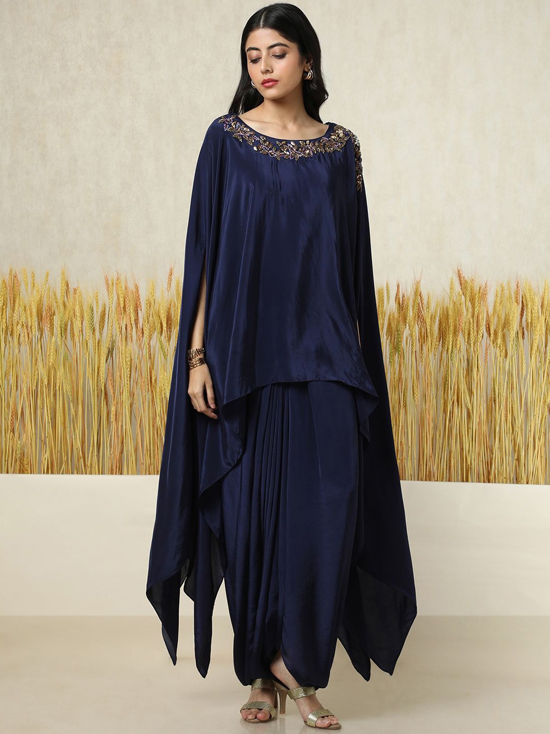 

Soch Layered Beads and Stones Kaftan Top With Dhoti Pants & Inner, Navy blue