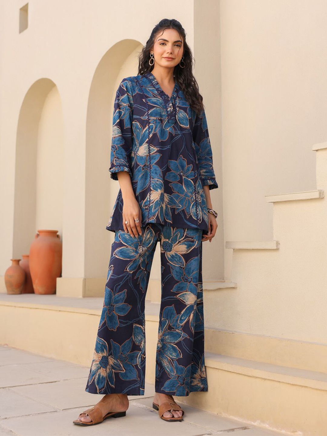 

JISORA Printed Pure Cotton Tunic & Trousers Co-ord Set, Blue