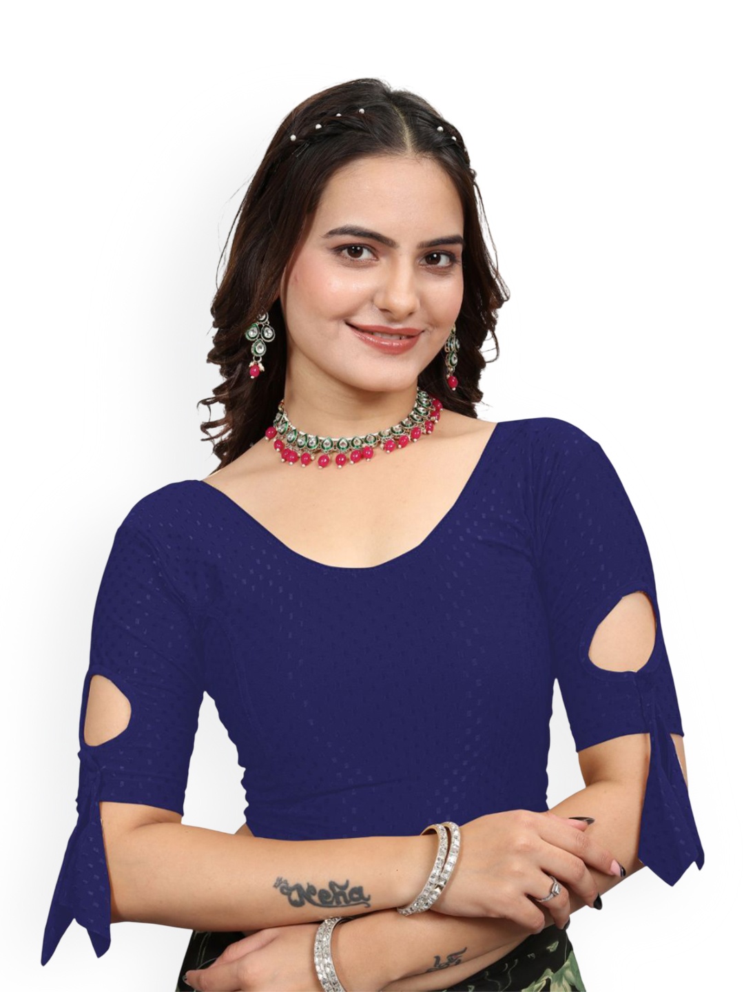 

SS Sanket Synthetics Self Design Stretchable Saree Blouse, Navy blue