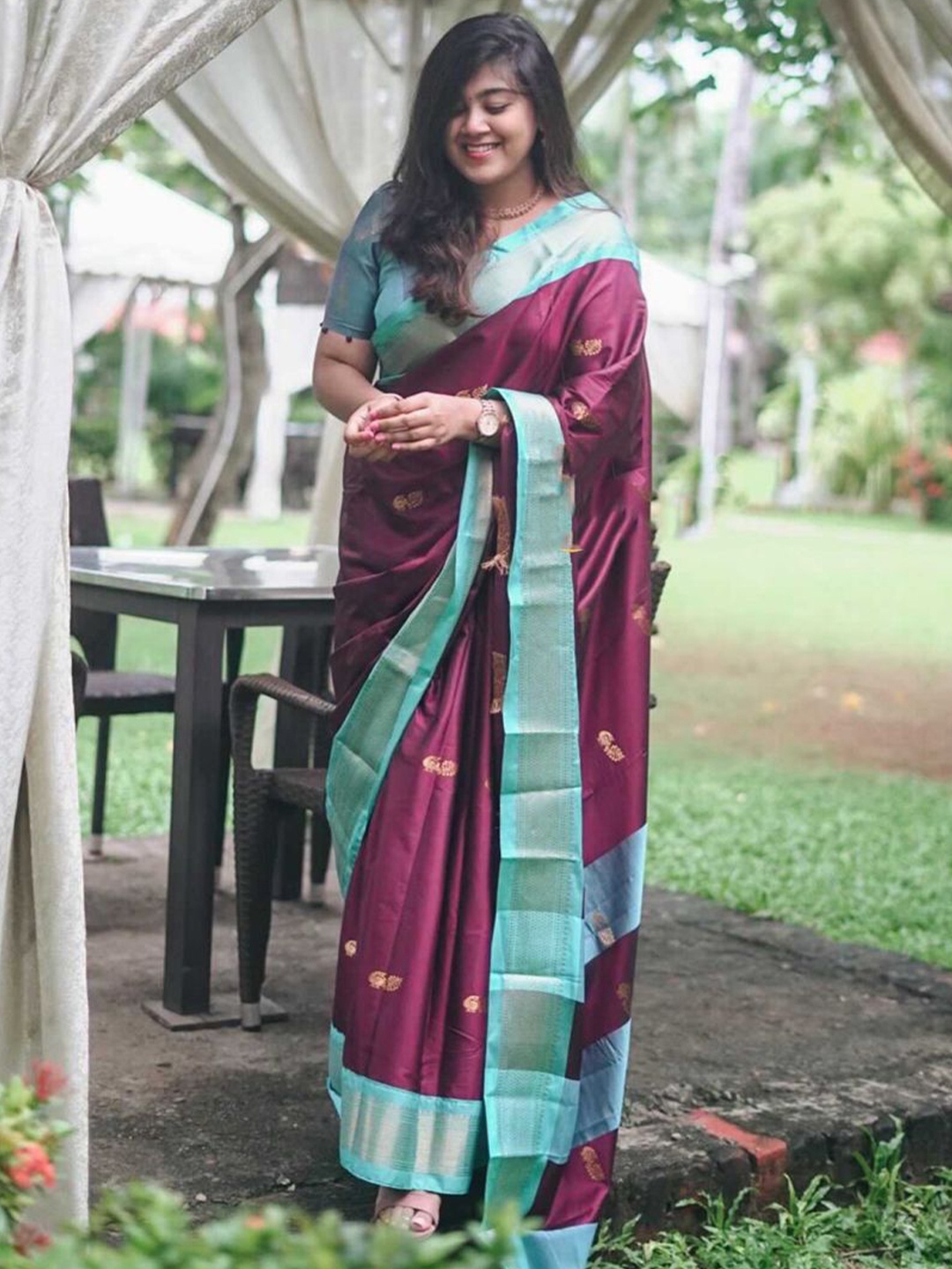 

yourwish Woven Design Zari Silk Cotton Designer Kanjeevaram Saree, Purple