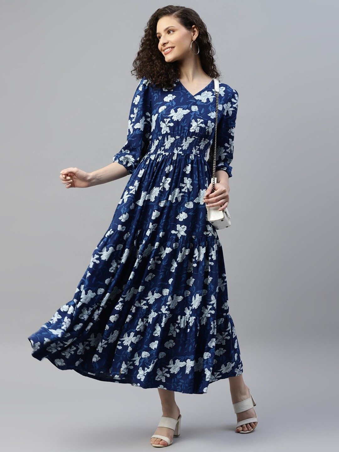 

Femvy Women Floral Printed Smocked Tiered Fit And Flare Dress, Blue