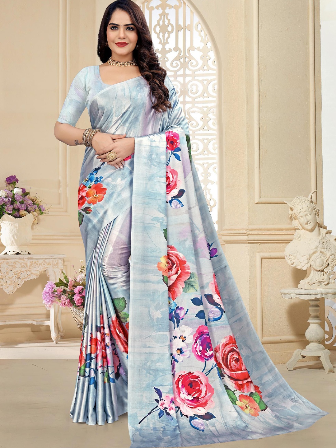 

WEAREZEE Floral Satin Saree, Blue