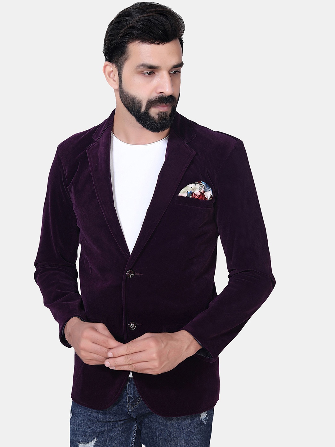 

Avaeta Notched Laple Collar Single-Breasted Velvet Blazer, Purple