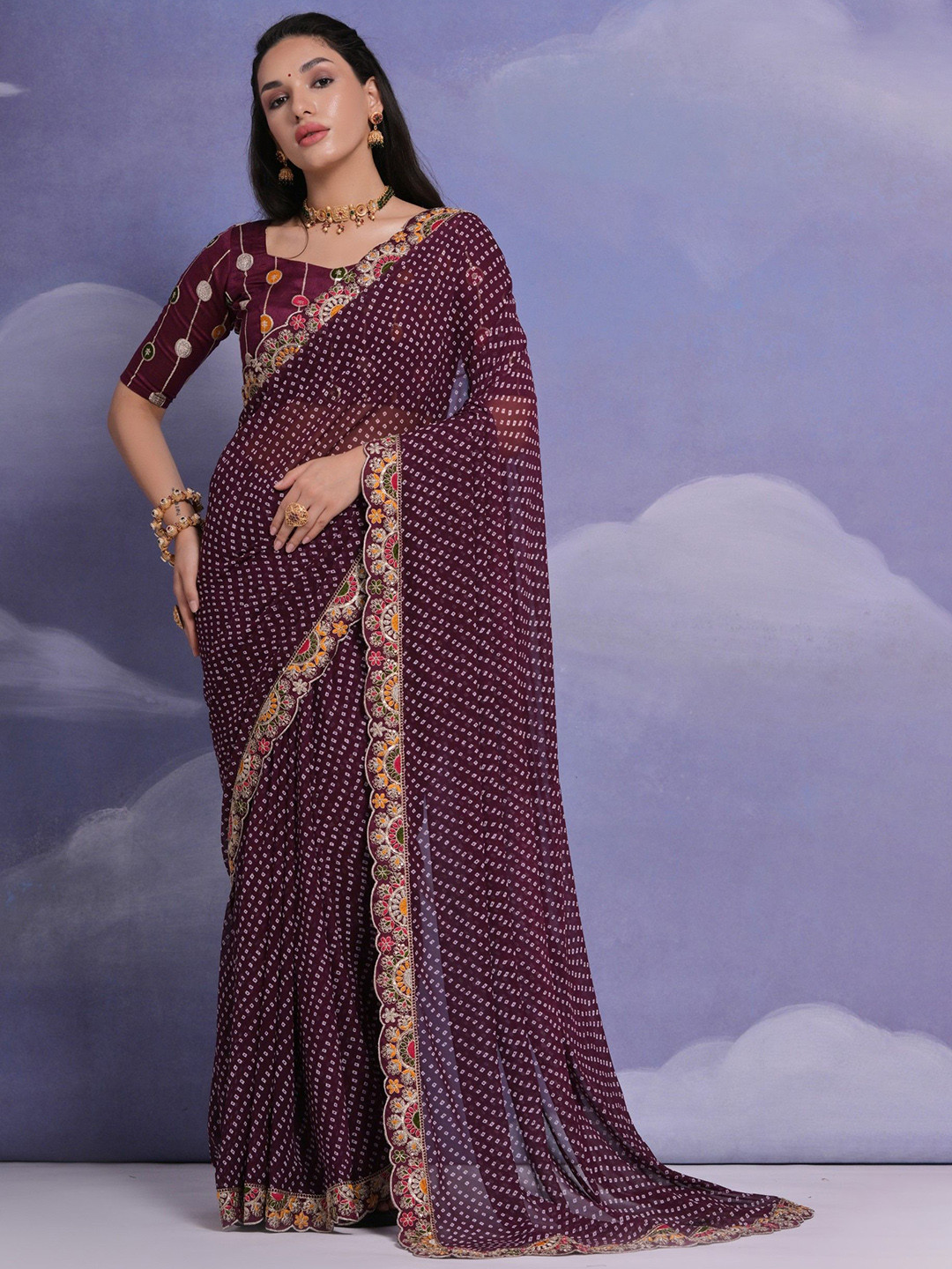 

DIVASTRI Bandhani Printed Sequinned Saree With Unstitched Blouse Piece, Purple