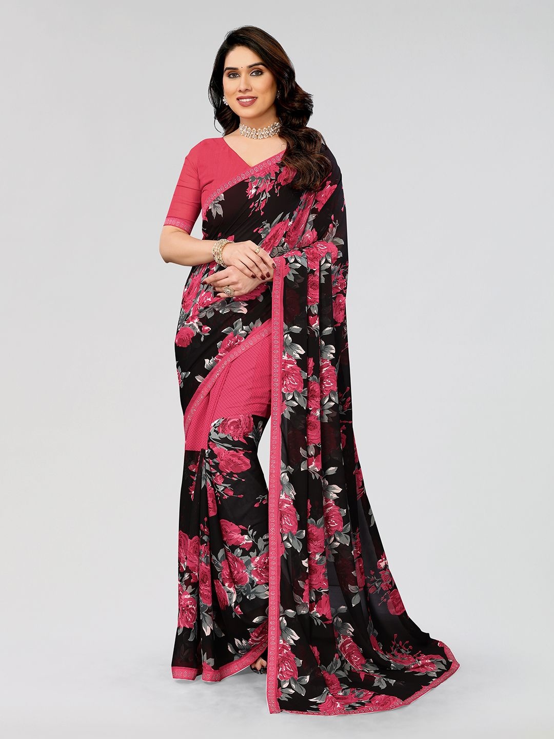 

Moda Rapido Floral Printed Saree With Blouse Piece, Pink