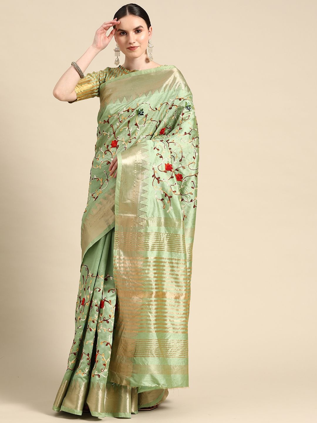 

DIVASTRI Woven Design Zari Silk Cotton Banarasi Saree, Green