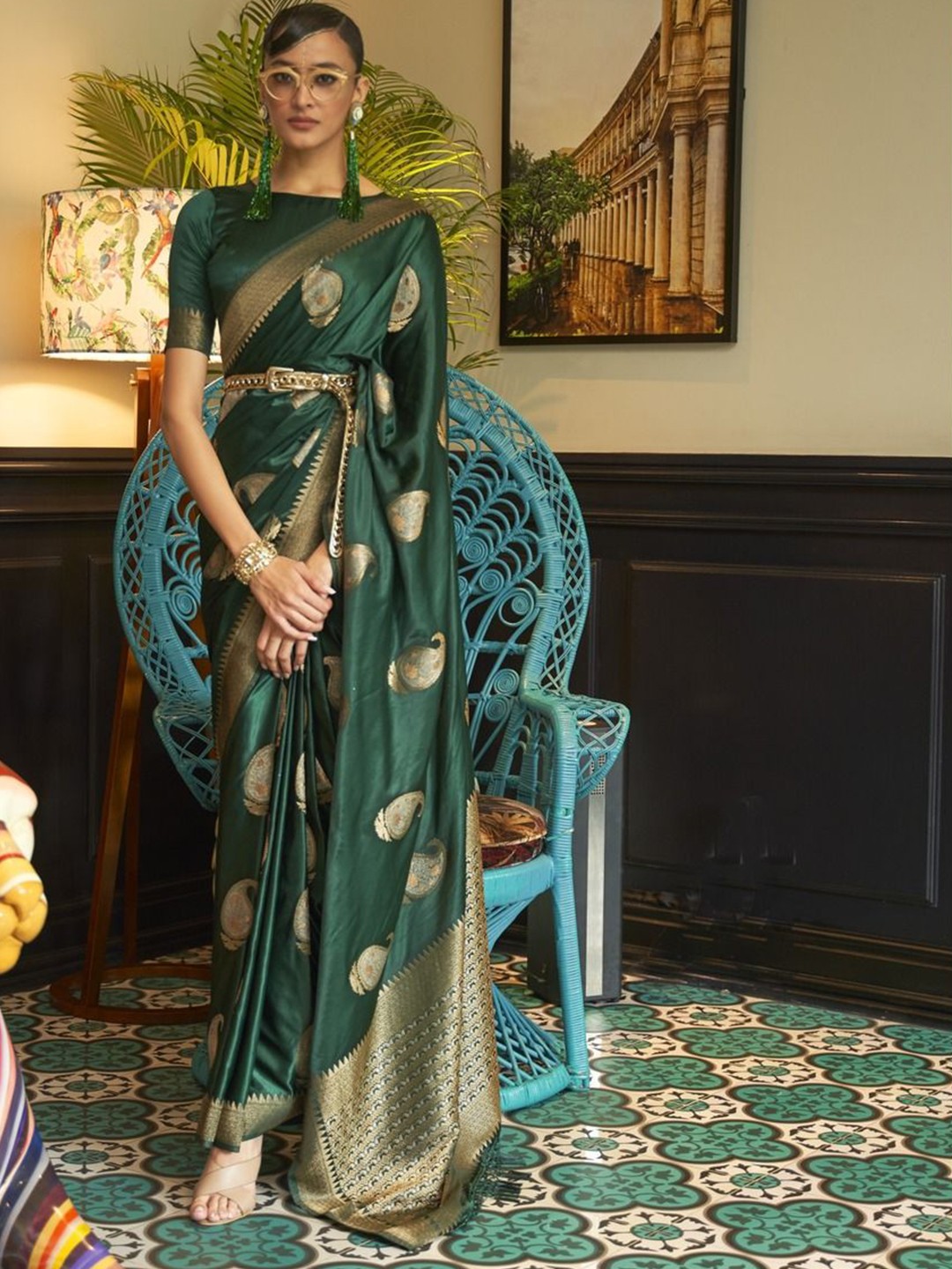

Anouk Woven Design Zari Silk Blend Designer Banarasi Saree, Green