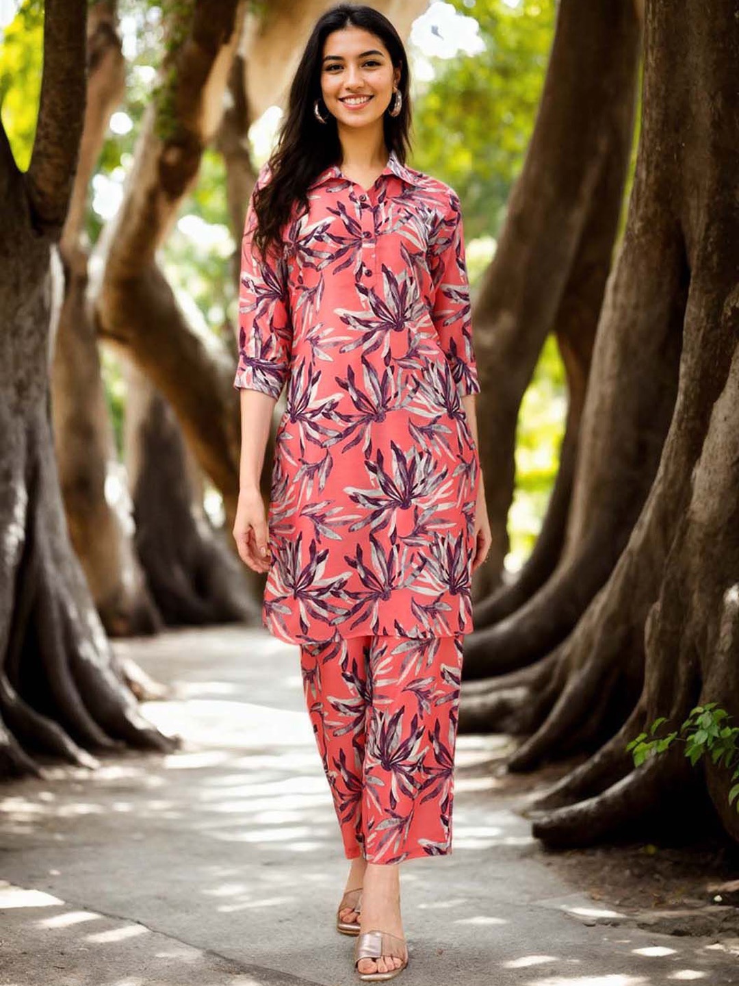 

Anouk Floral Printed Shirt Collar Tunic And Palazzo, Peach
