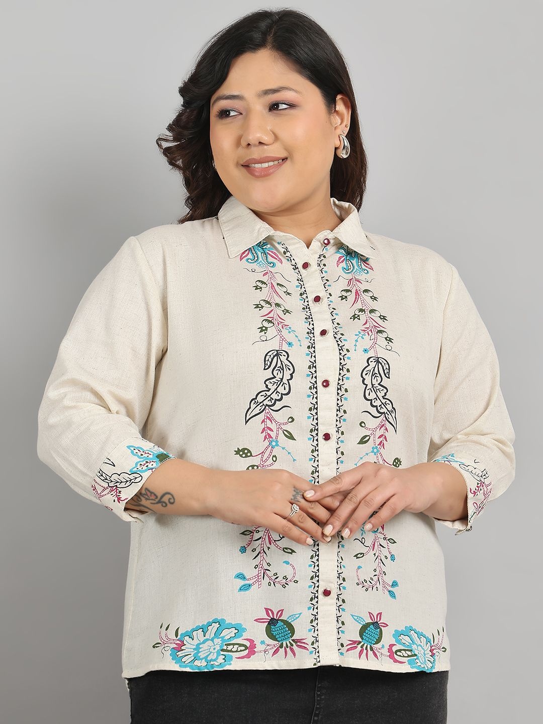 

Tulsattva Women Classic Floral Opaque Printed Casual Shirt, Beige