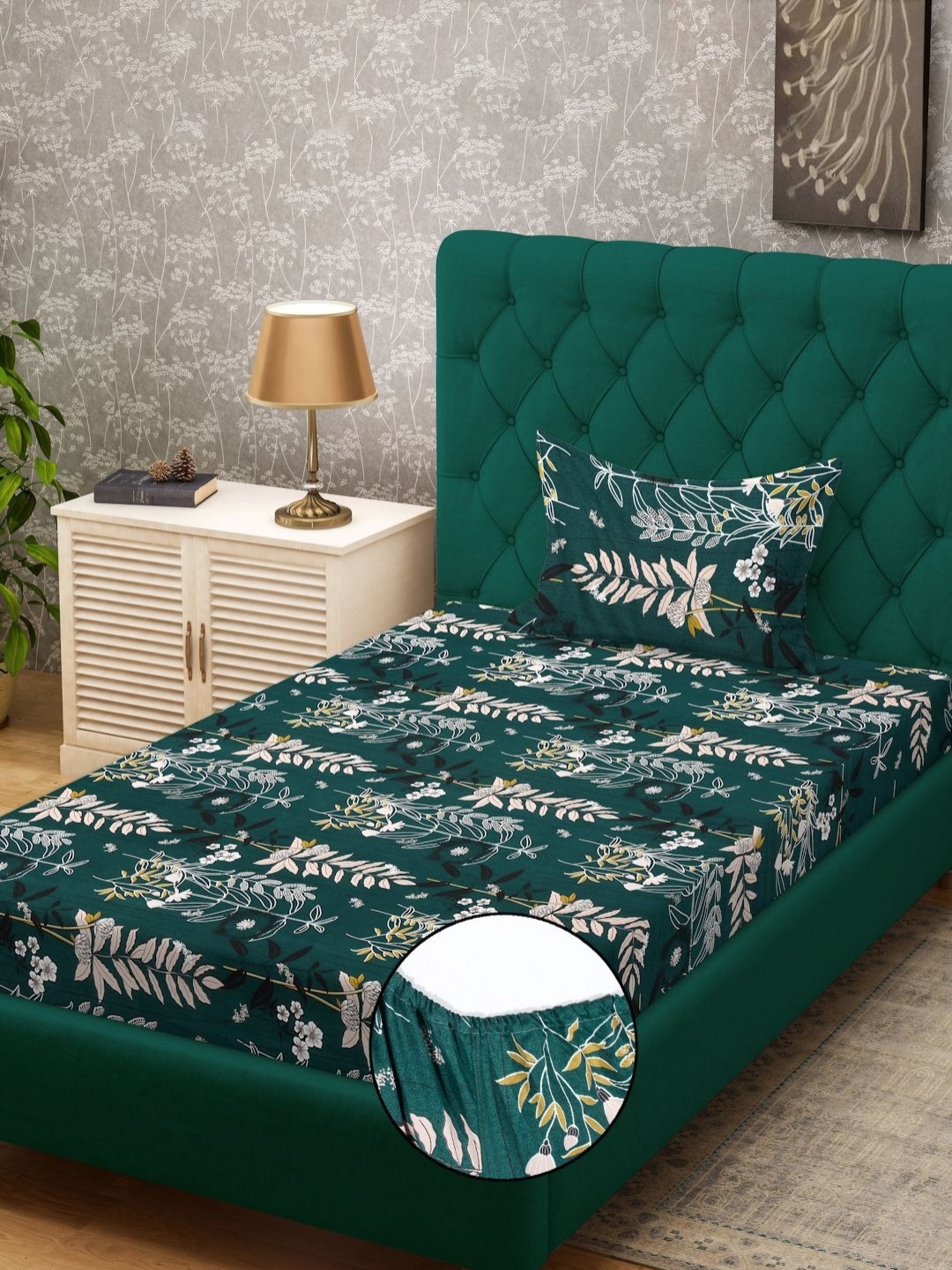 

KLOTTHE Green Floral Printed Fitted 300 TC Single Bedsheet With Pillow Cover