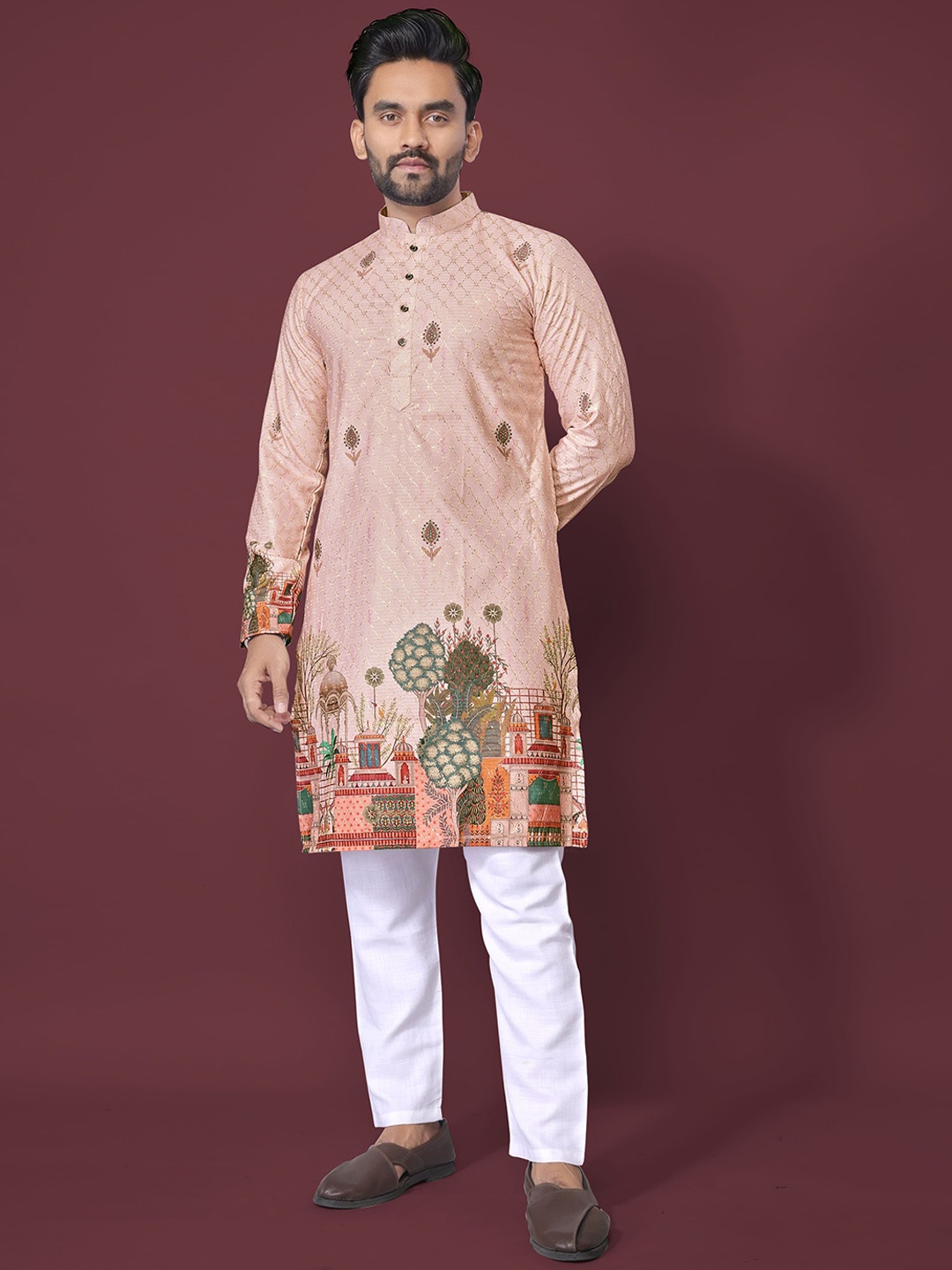 

CHARLOTTE GRACIOUS Men Floral Printed Sequinned Shadow Work Kurta, Peach