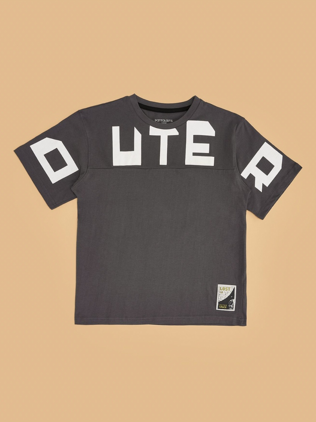 

Pantaloons Junior Boys Typography Printed Applique T-shirt, Grey melange