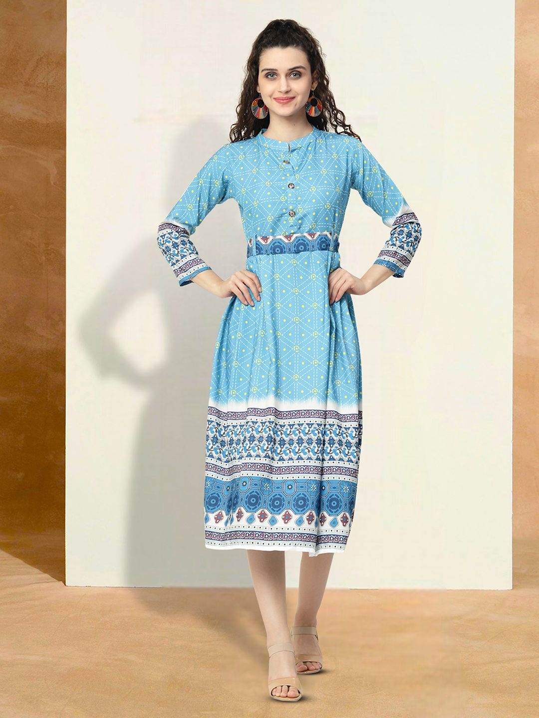 

Moda Rapido Ethnic Motifs Print Applique Fit & Flare Dress, Blue