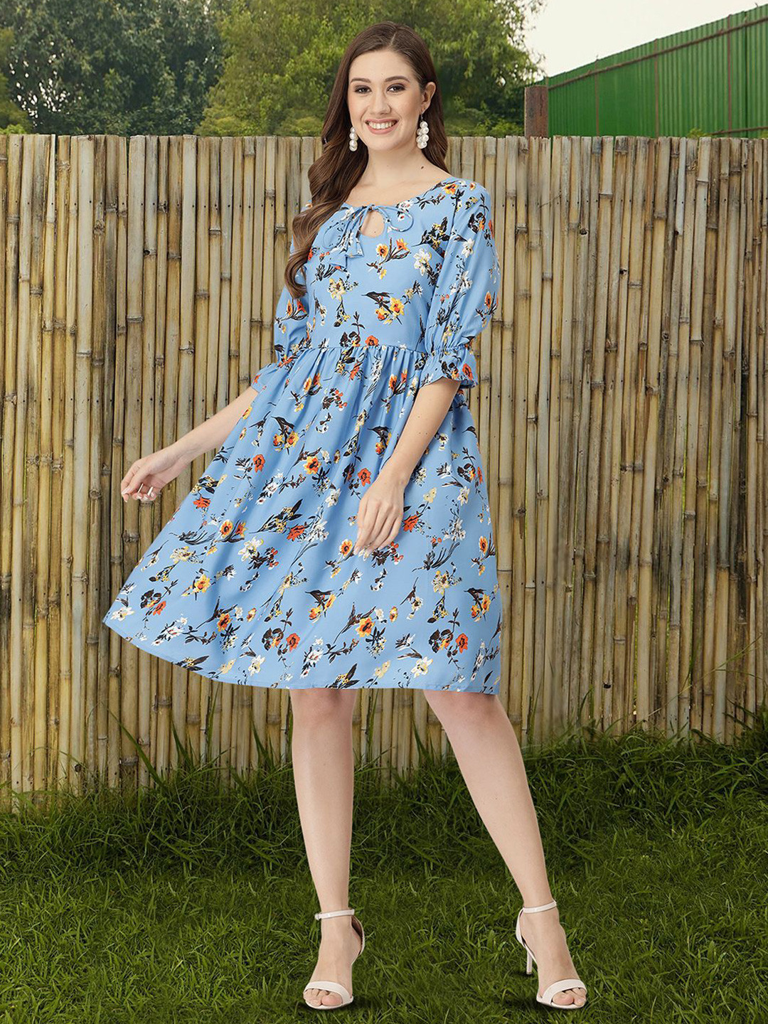 

Moda Rapido Floral Print Tie-Up Neck Applique Fit & Flare Dress, Blue