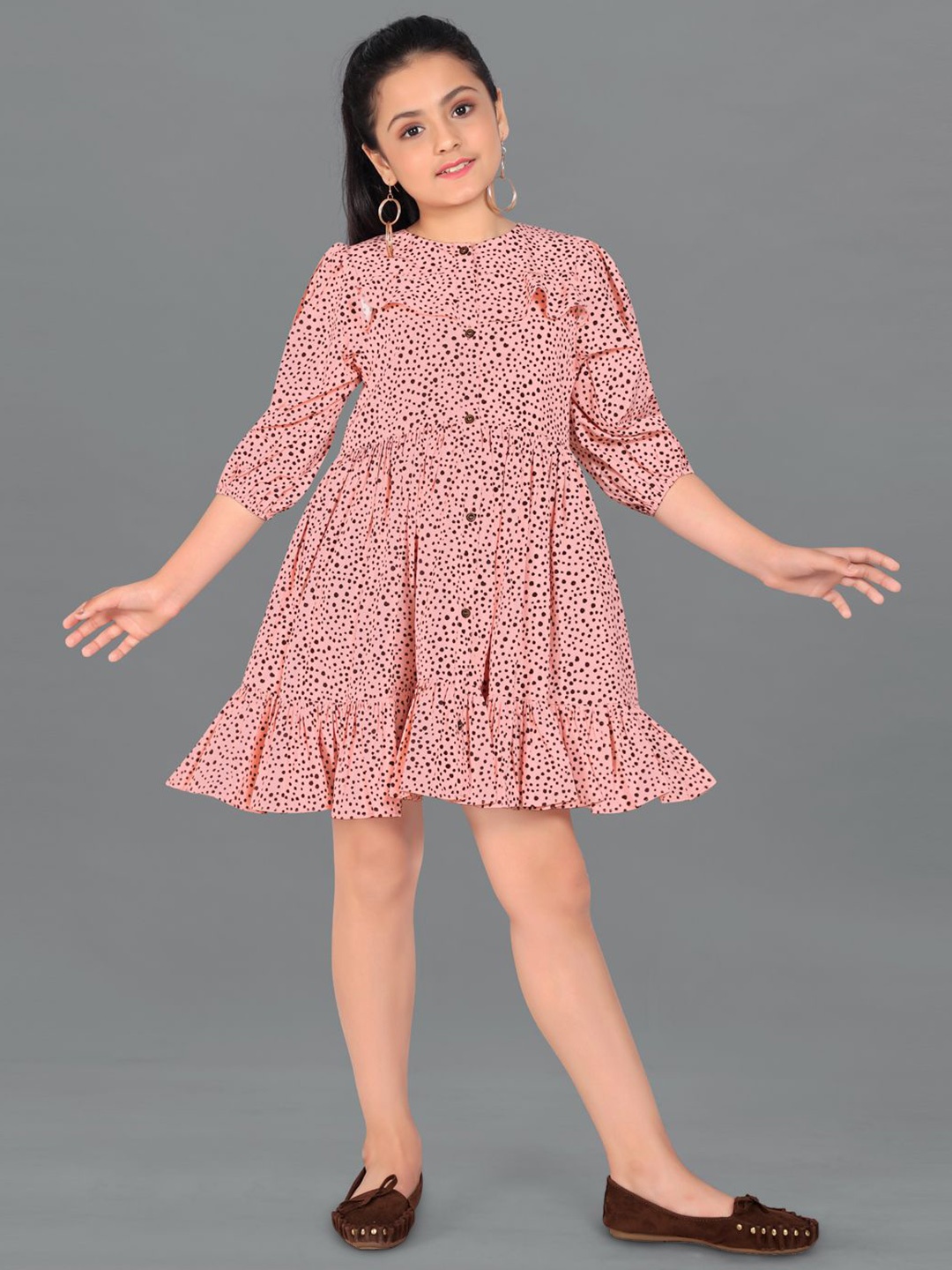 

YK Girls Polka Dot Print Puff Sleeve Crepe Fit & Flare Dress, Peach