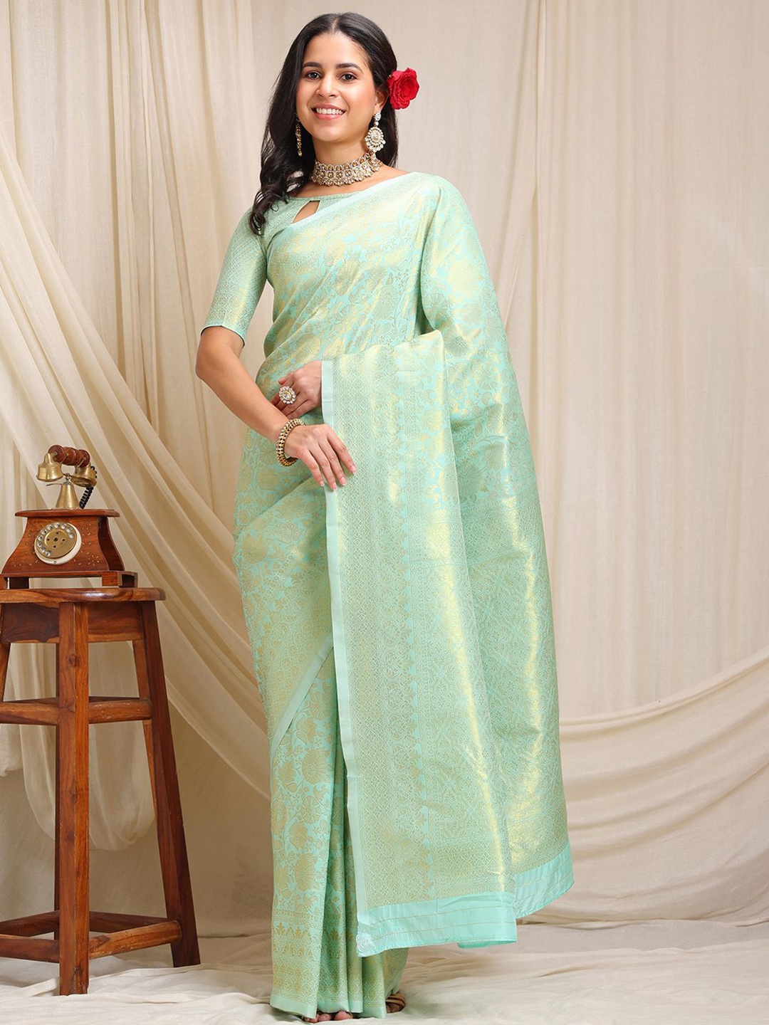 

RAJGRANTH Woven Design Pure Silk Kanjeevaram Saree, Sea green