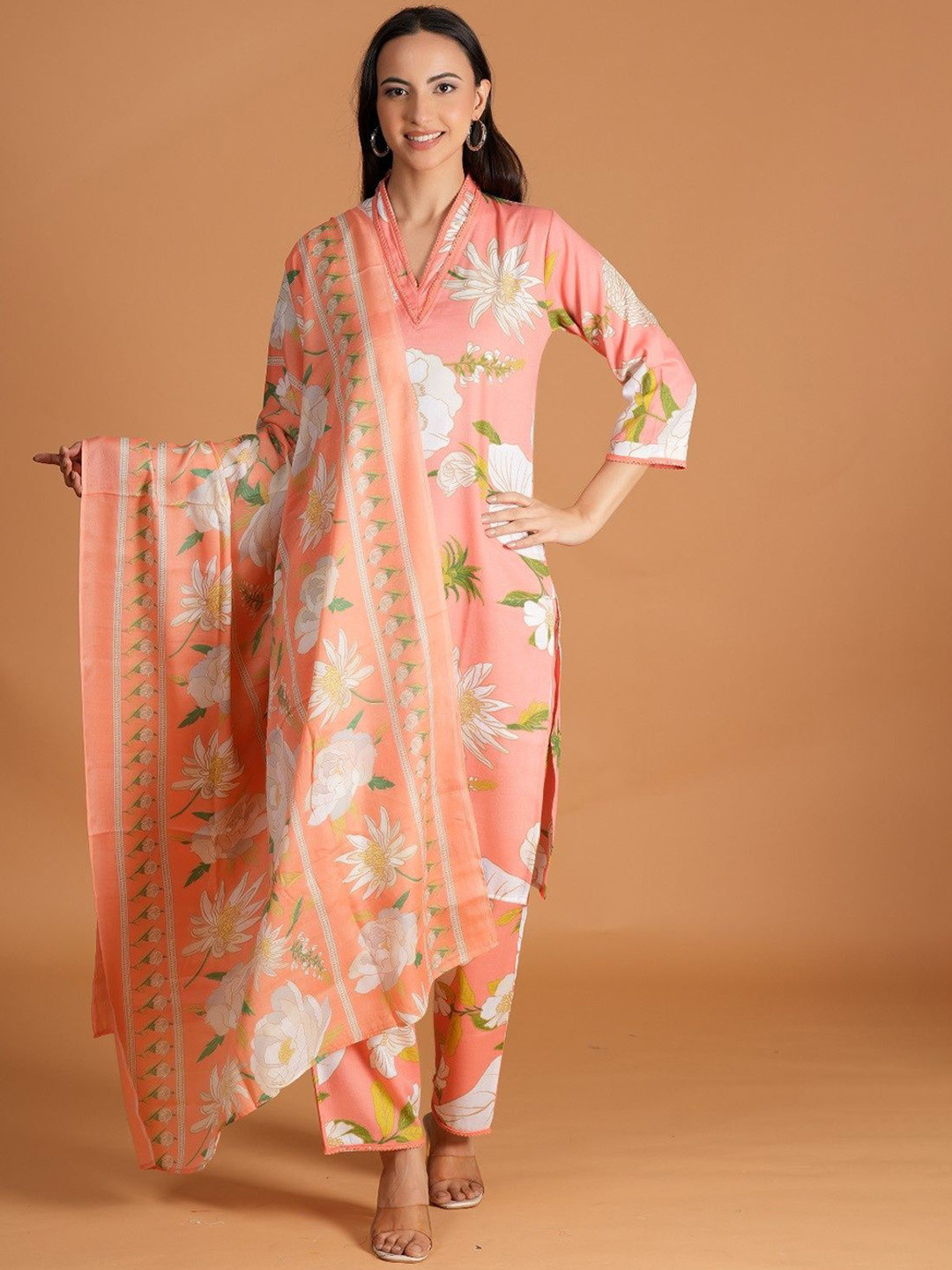 

BAESD Floral Printed V-Neck Straight Kurta With Trouser And Dupatta, Peach