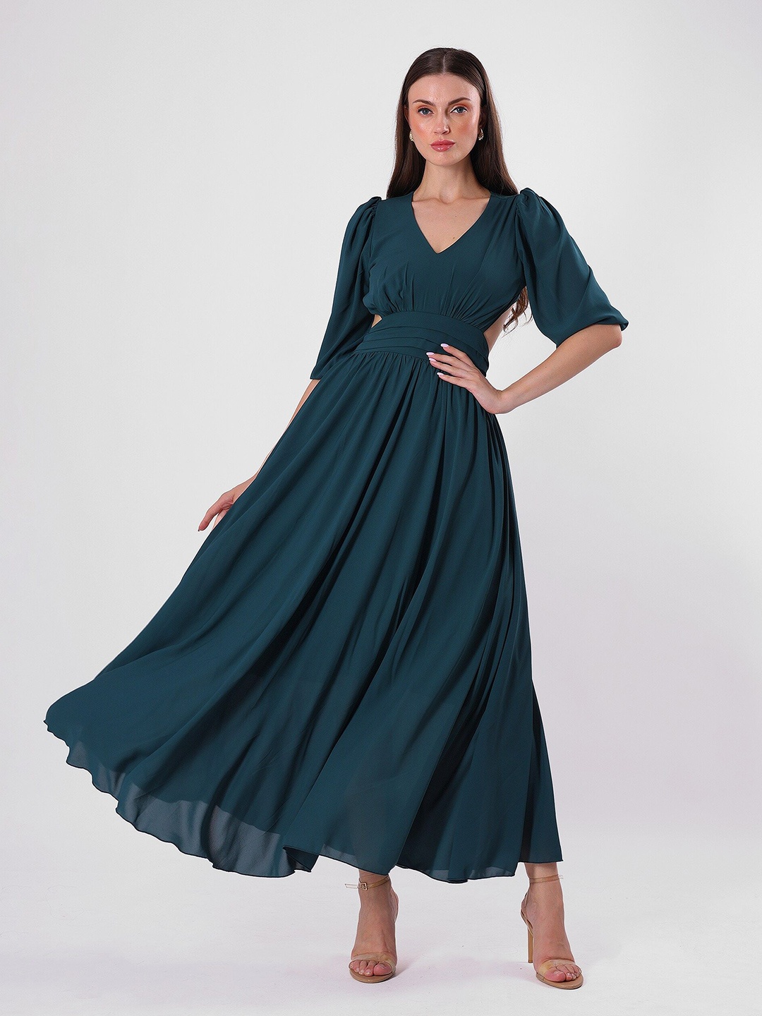 

clobug Flared Sleeve Crepe A-Line Maxi Dress, Turquoise blue