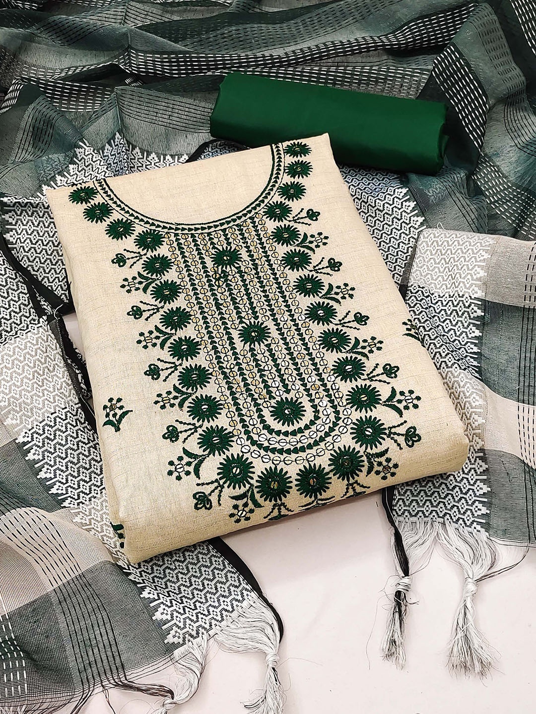 

SAINOOR Floral Embroidered Sequinned Semi-Stitched Khadi CottonDress Material, Green
