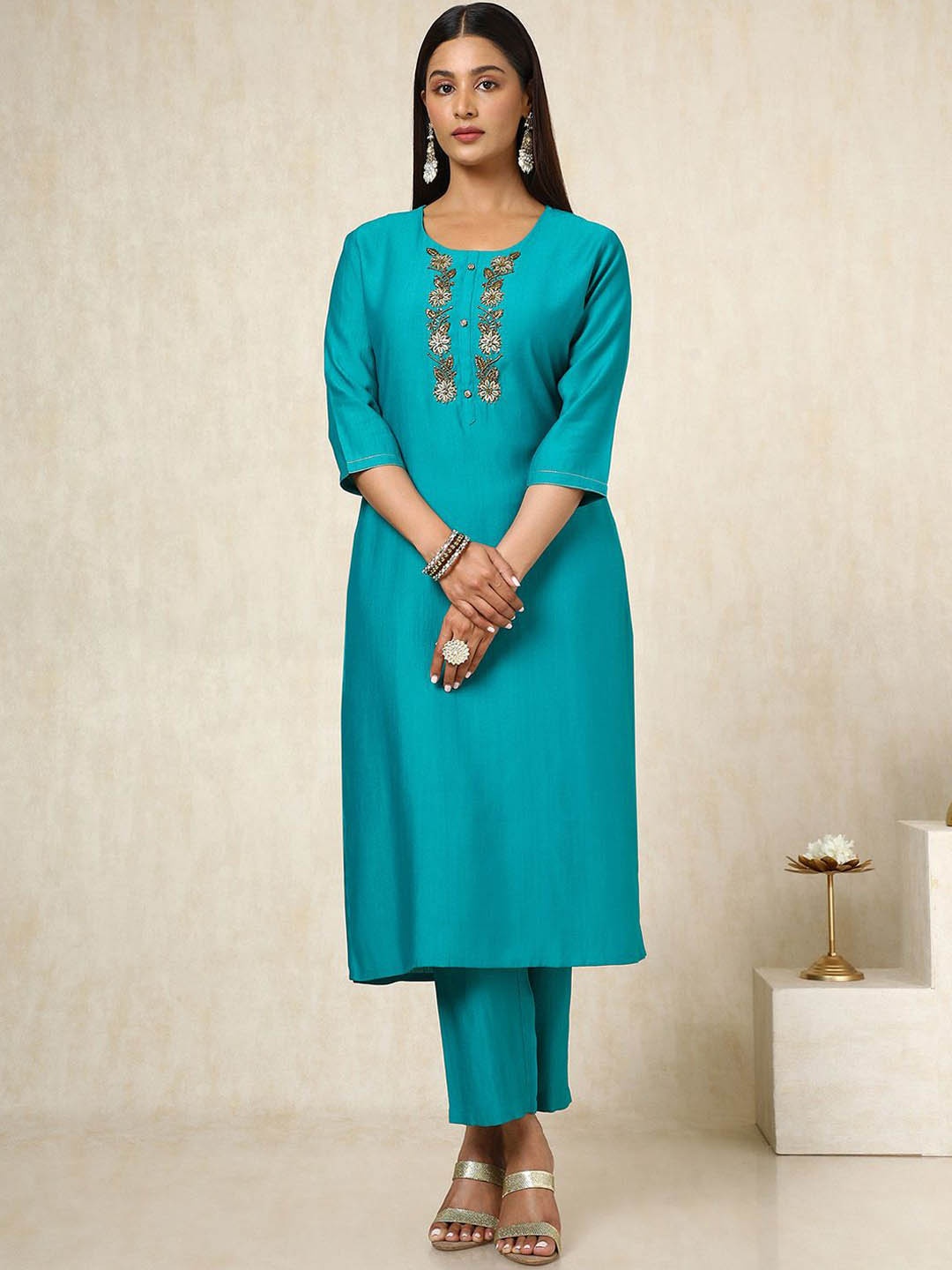 

Soch Floral Yoke Design Round Neck Beads Work Straight Kurta With Trouser, Teal