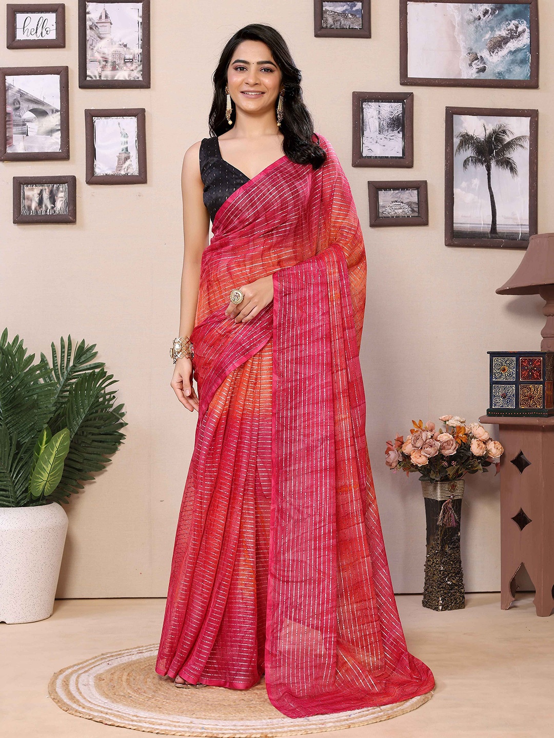 

Rhey Striped Pure Georgette Ready to Wear Saree, Pink