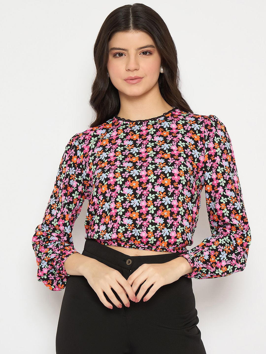 

Madame Floral Print Bell Sleeve Crop Top, Pink