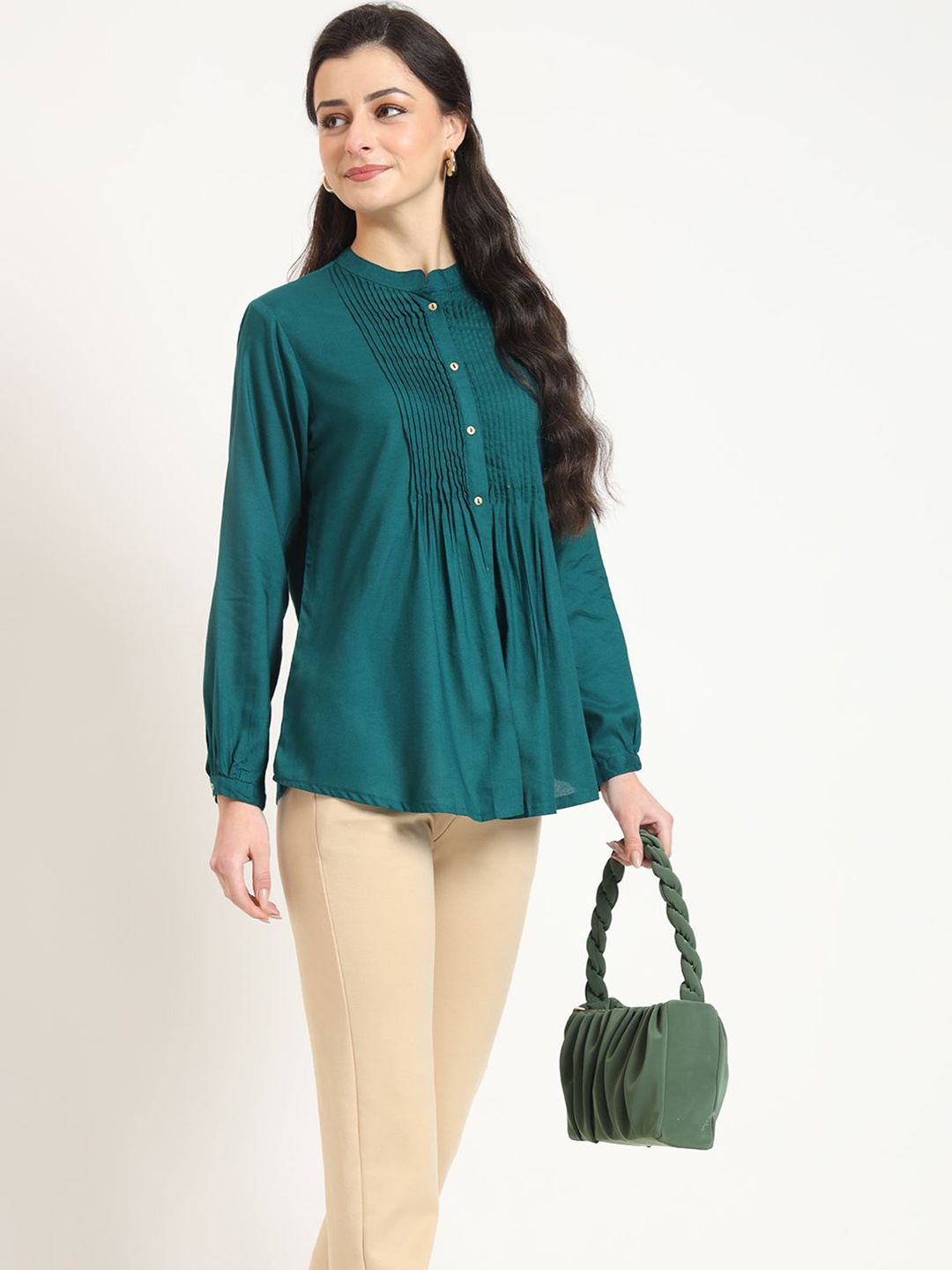

BAESD Women Mandarin Collar A-Line Top, Turquoise blue