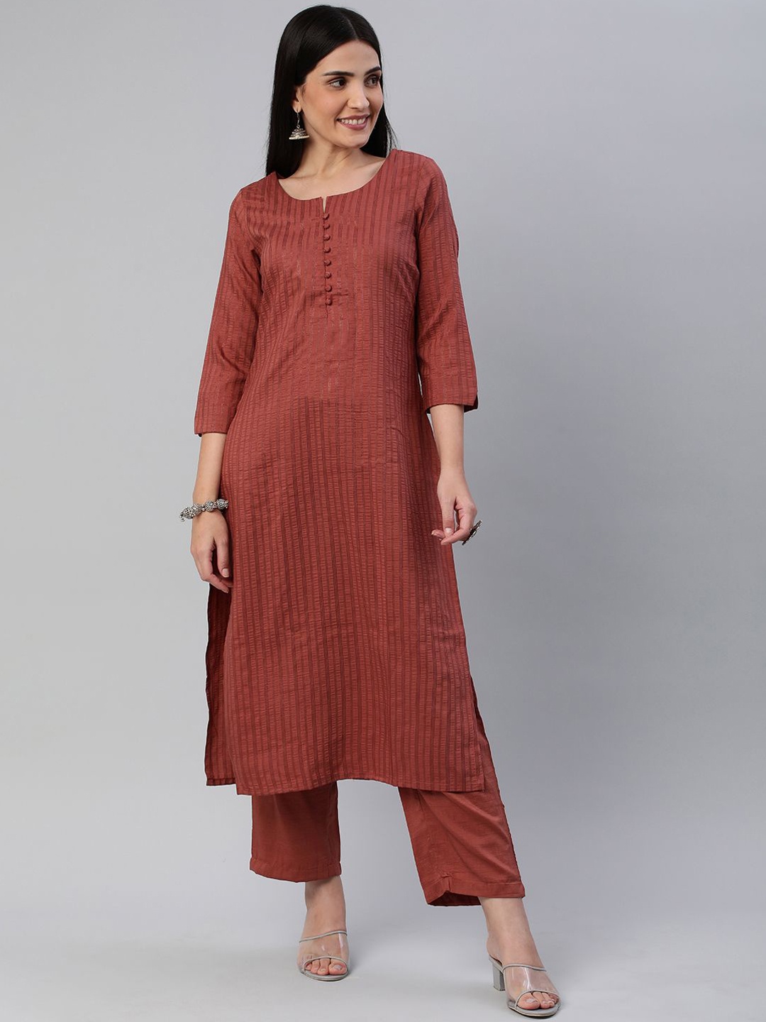 

DIVASTRI Woven Design Striped Straight Kurta With Trouser, Rust