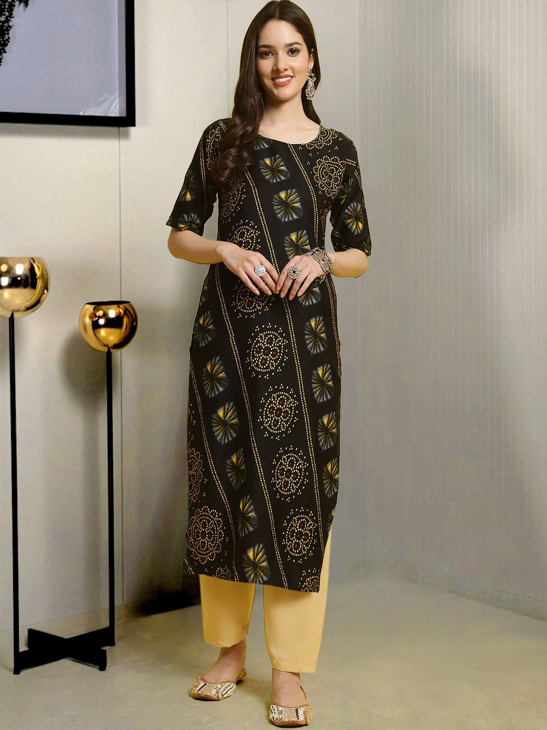 

Moda Rapido Ethnic Motifs Printed Round Neck Kurta With Trouser, Black