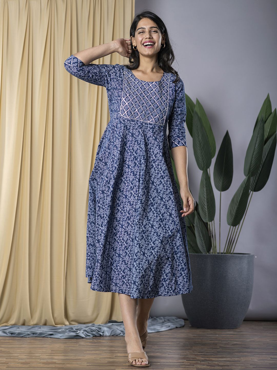 

CORSICA Ethnic Motifs Print Formal Fit & Flare Midi Dress, Navy blue