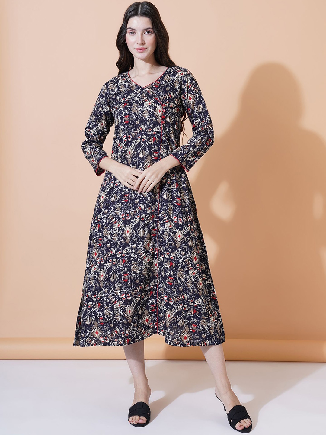 

FebQ Floral Printed V-Neck Cotton A-Line Kurta, Blue